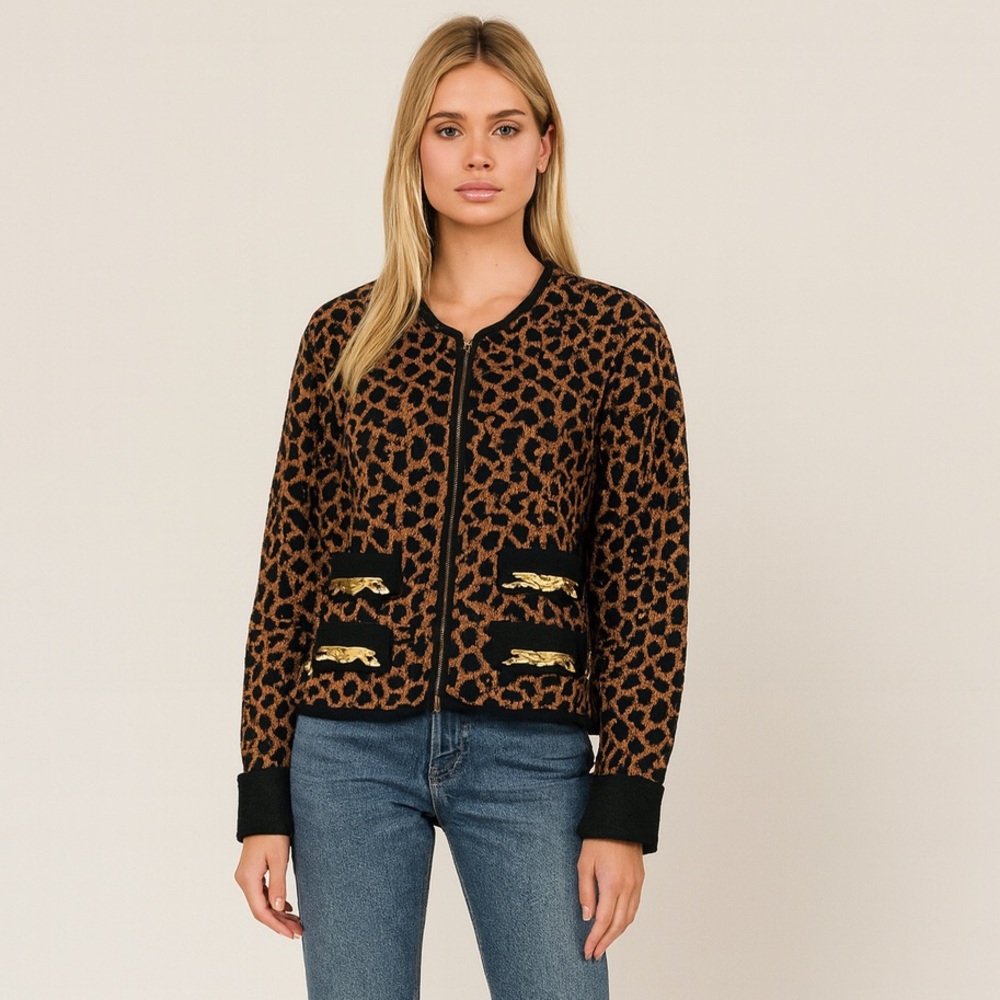 Melinda Eng Wool Knit Jacket Leopard Cheetah Animal print Jaguar Embellished